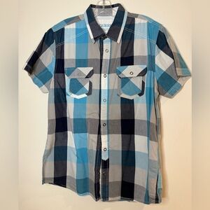 Guess Men's Blue and Gray Plaid Button-Down Shirt